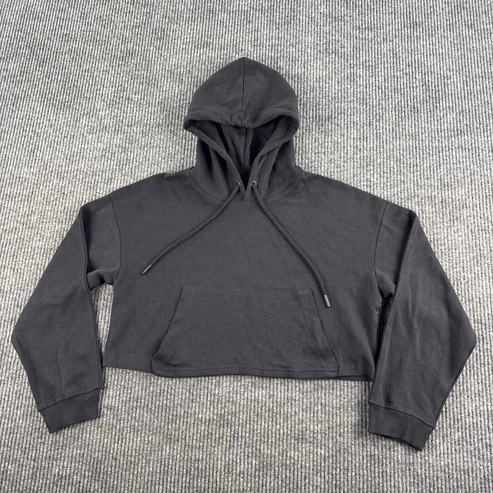 NWT Bershka Hoodie Women Medium Cropped Black Pullover Casual Streetwear